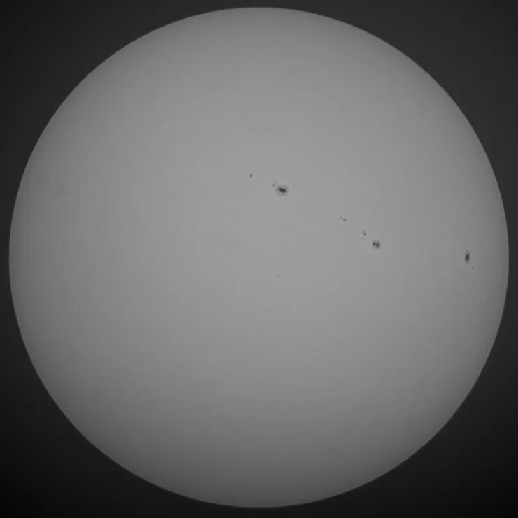 Monochrome full-disc solar image showing multiple sunspot groups
