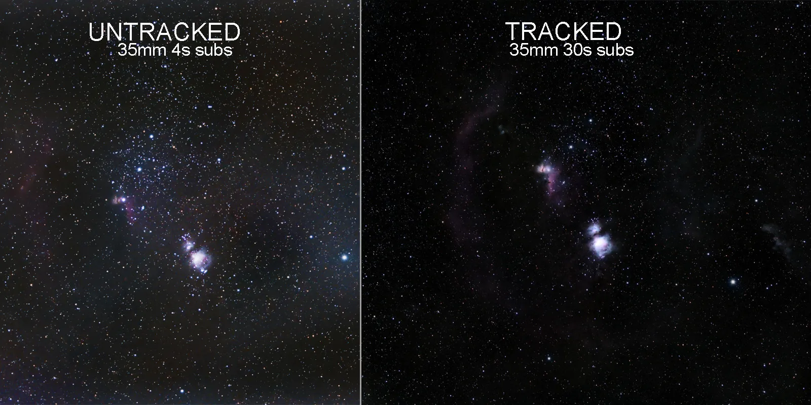 Tracked versus untracked Orion region comparison using a Nikon D3400